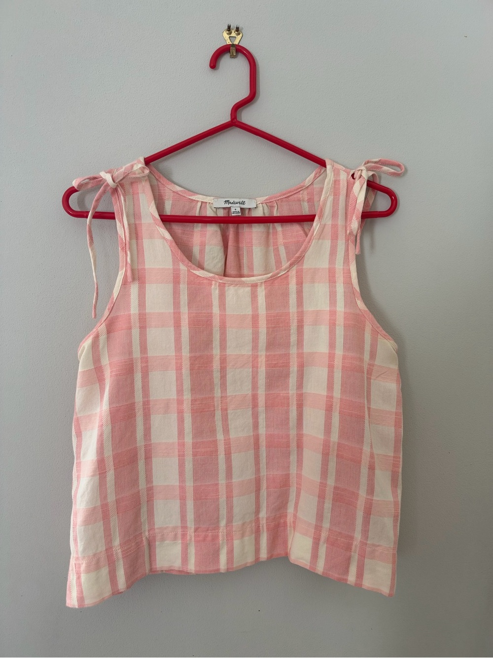 Madewell Pink and Cream Plaid Tie-Strap Tank